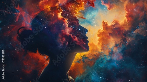 A colorful space scene with a person's face in the middle