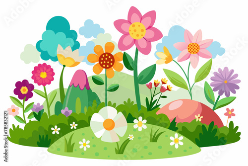 Spring's charm unfolds with vibrant flowers blooming against a pure white backdrop.