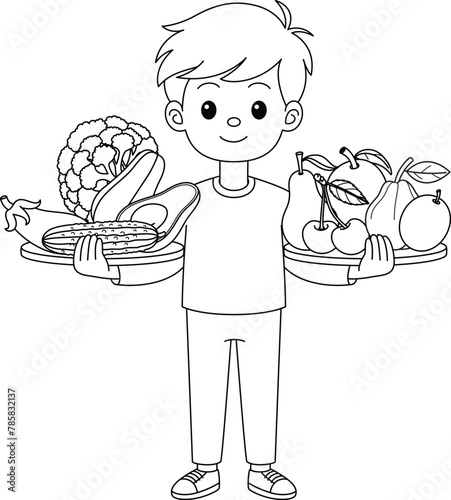The boy holding fruits and vegetables coloring page. Plant-based diet protects the environment. Eco friendly environment concept to planet or reduce global warming for behavior responsible eating