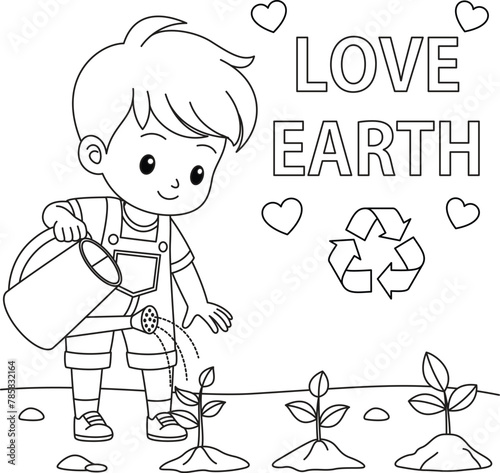 Cute kawaii boy watering tree. Earth day coloring page for children. A kid planting a tree. Save the planet. Zero waste. Black and white cartoon character vector illustration.