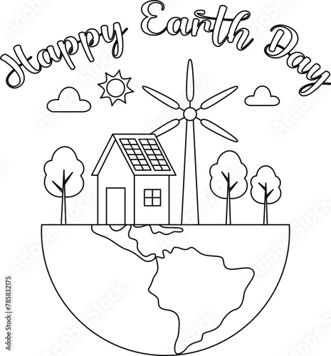 Cute earth day coloring page. Eco house, wind turbines, solar panels. Environment friendly home line concept with trees.