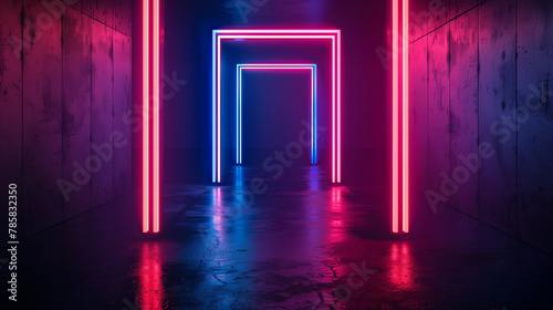 A dark room with a blue and pink light shining through a doorway. The light is creating a smokey effect