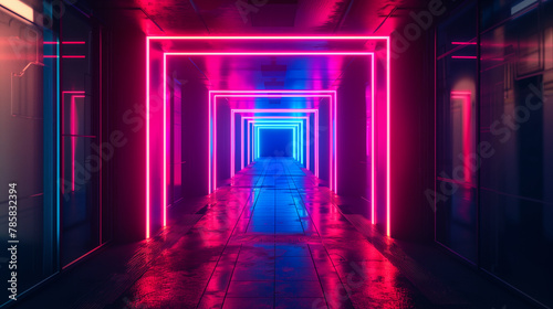 A dark room with a blue and pink light shining through a doorway. The light is creating a smokey effect