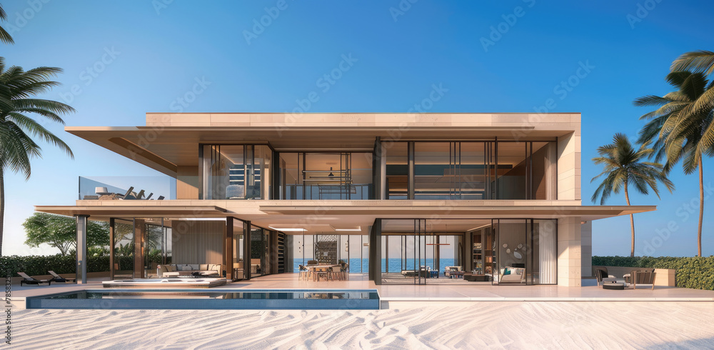 3D rendering of a modern house with a pool and outdoor dining area, set against the backdrop of a sandy beach on an island, featuring a blue sky. 