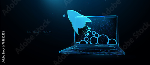 Laptop with a rocket. Social media marketing. Business startup. Low polygonal, wireframe, and mesh illustration © pickup