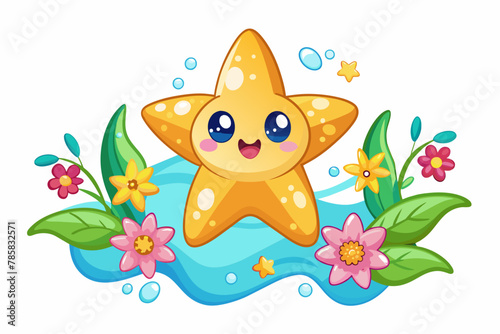 Charming cartoon starfish adorned with vibrant flowers.