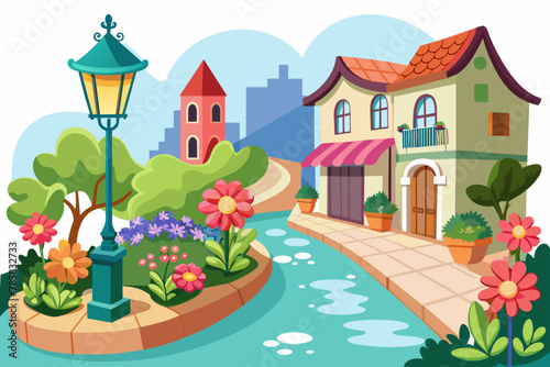 Charming street cartoon with flowers blooming in vibrant hues against a pristine white backdrop.