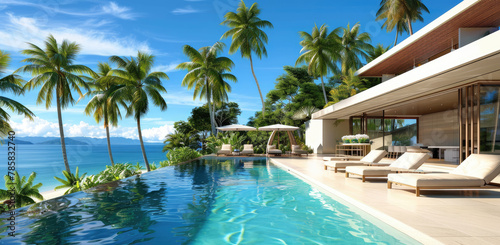 3D rendering of a modern house with a pool and outdoor dining area, set against the backdrop of a sandy beach on an island, featuring a blue sky. 