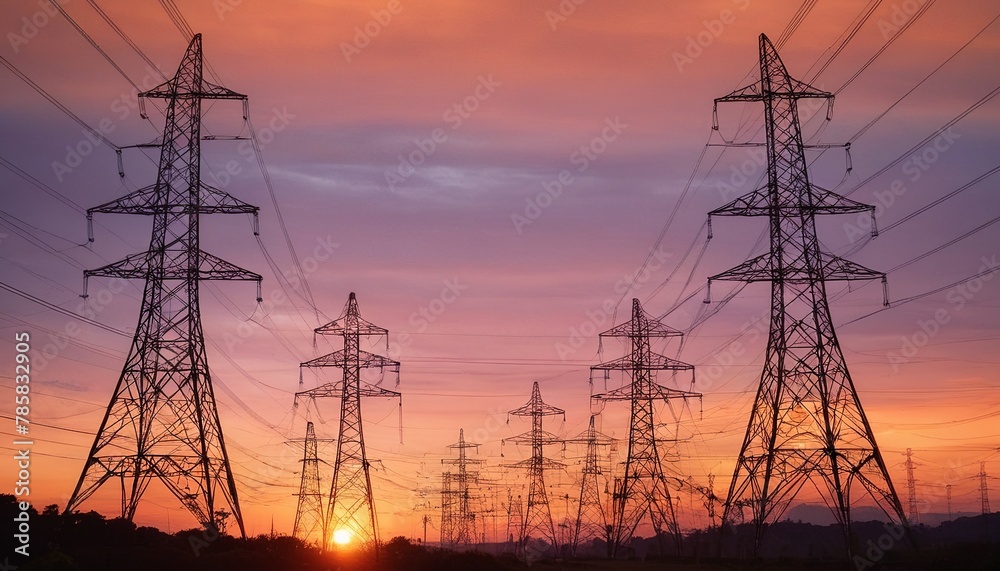 Silhouette of High Voltage Electric Tower Against Sunset Background