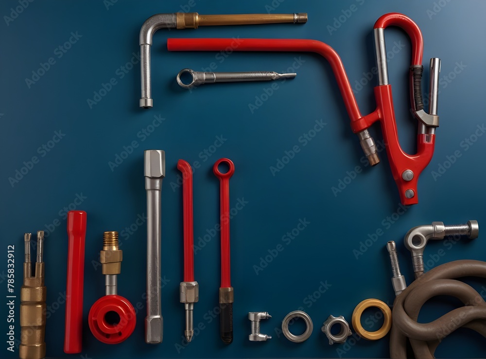 plumbing tools and fittings on blue background with copy space
