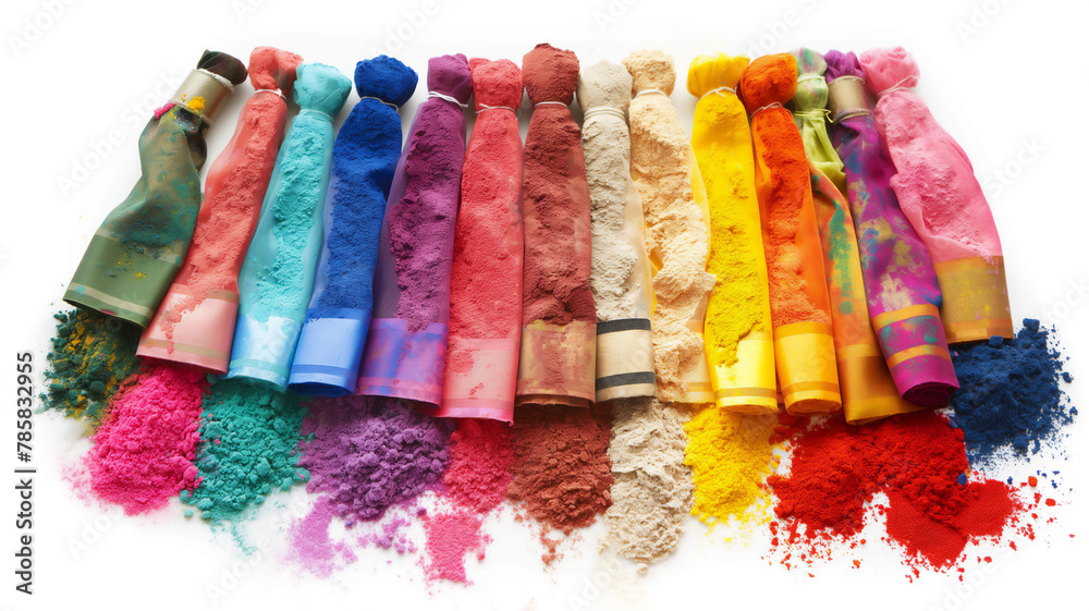 Colorful pigment powders spilling from squeezed paint tubes, creating a vibrant, artistic display.
