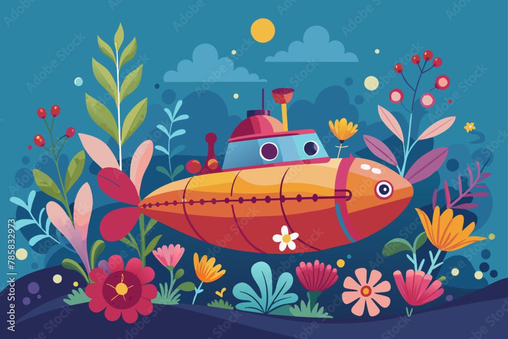 A submarine adorned with a captivating display of flowers rests serenely on a backdrop of tranquil waters. A submarine adorned with a captivating display of flowers rests serenely on a backdrop of tranquil waters.