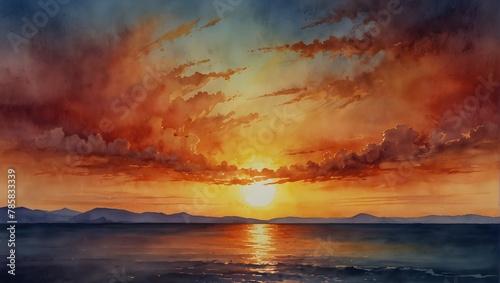A watercolor painting of a sunset, with rich, colorful paints blending into a warm sky Generative AI