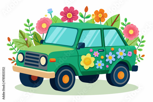 Charming cartoon SUV adorned with vibrant flowers on a pristine white backdrop.