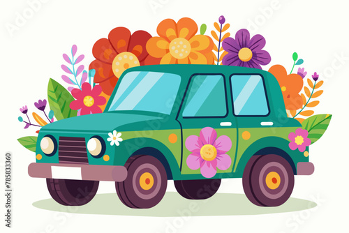 Charming cartoon SUV adorned with colorful flowers against a pristine white background.