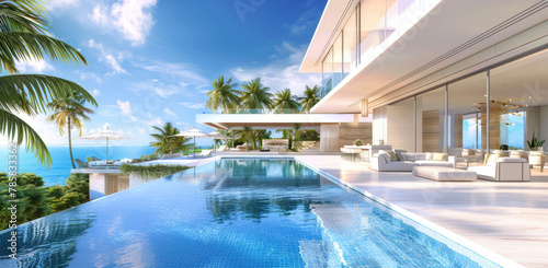 3D rendering of a modern house with a pool and outdoor dining area  set against the backdrop of a sandy beach on an island  featuring a blue sky. 