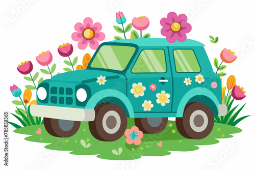 Charming SUV cartoon adorned with vibrant flowers on a pure white background