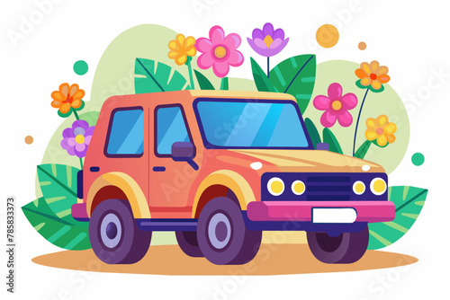 A charming SUV adorned with flowers blooms on a white background.