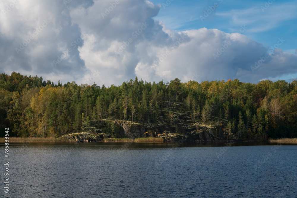 Fototapeta premium Lake Ladoga near the village Lumivaara on a sunny autumn day, Ladoga skerries, Lakhdenpokhya, Republic of Karelia, Russia