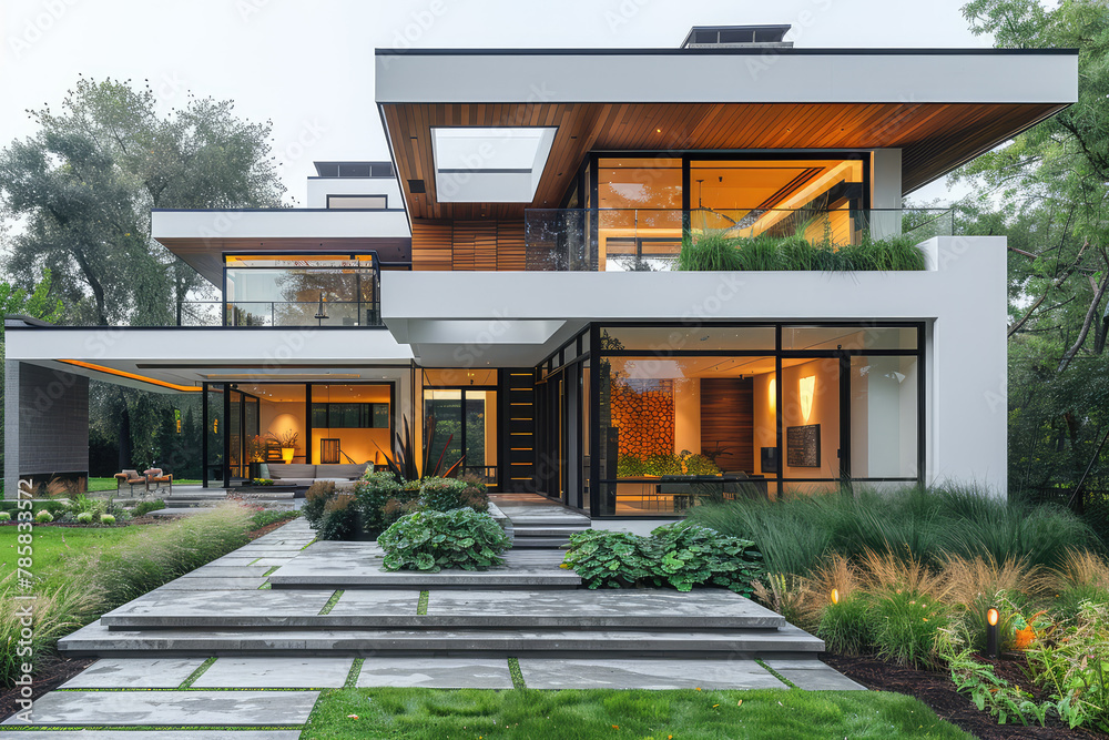 Modern house with large windows and wooden accents, featuring an elegant front yard with lush greenery and walkway leading to the entrance. Created with Ai