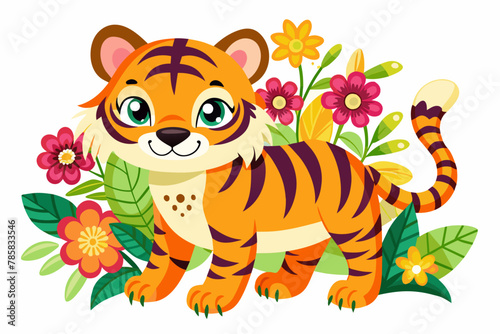 A charming tiger cartoon with vibrant flowers adorns the scene.