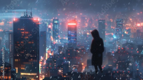 A lone figure lost in thought gazing out into the city lights and skyscrapers seemingly immersed in the energy and buzz of the bustling . .