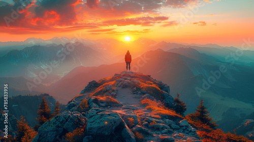 sunset over the mountains, Jumping man on the mountain peak 