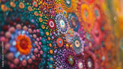 Defocused vibrant hues and intricate patterns blend together to create a mesmerizing backdrop for the Indigenous art installation. .