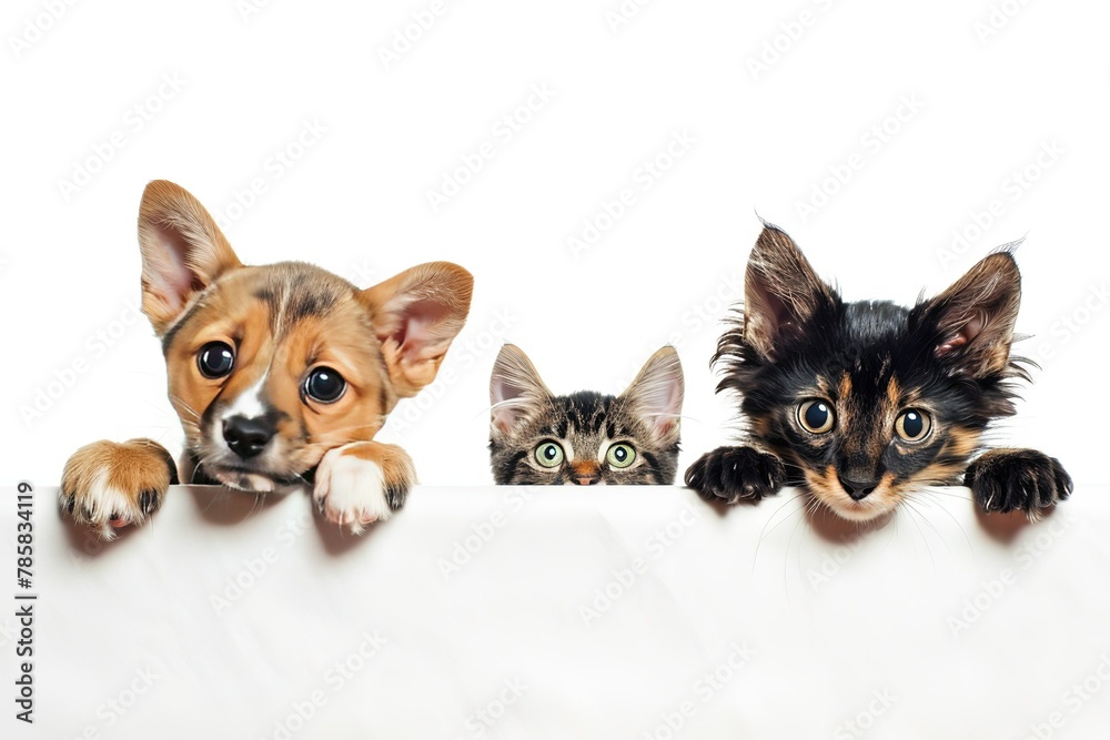Row of the tops of heads of cats and dogs with paws up peeking over a blank white background