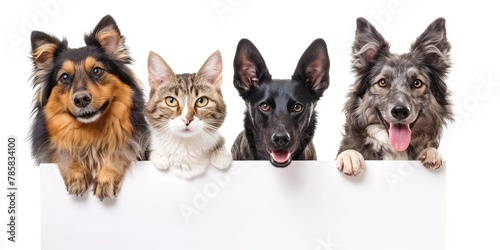 Row of the tops of heads of cats and dogs with paws up peeking over a blank white background