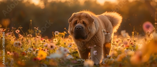 A Majestic Tibetan Mastiff Roaming Through a Serene Wildflower Field at Sunset