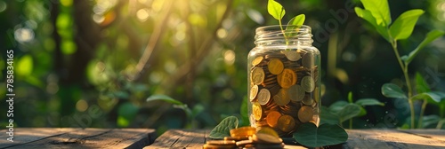 a plant growing from a glass jar with coins in nature photo