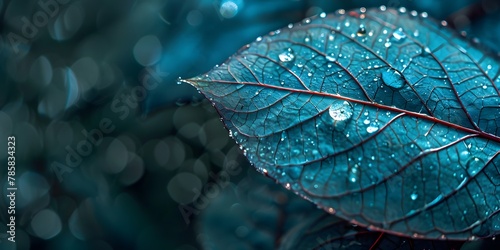 closeup of a blue leaf with water drops