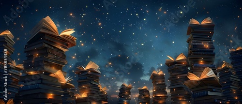 Surreal Cityscape of Illuminated Book Towers Reaching for the Starry Night Sky Symbolizing the Power of Knowledge and Storytelling
