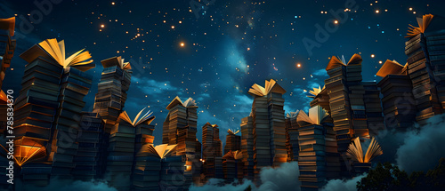 Surreal City Skyline of Stacked Books Glowing Like Stars in the Night Sky Representing the Power of Storytelling and Knowledge © vanilnilnilla
