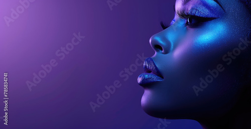 a woman's face with blue eyeshadow peeking out from the right side, with a purple background, for an eye makeup ad
