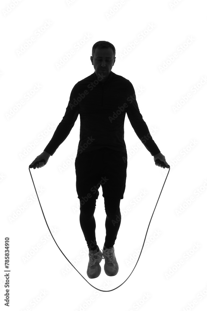 Silhouette of sporty mature man jumping with rope on white background Silhouette of sporty mature man jumping with rope on white background