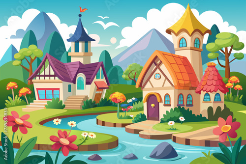 Charming cartoon villages adorned with colorful flowers bloom on a pristine white backdrop.