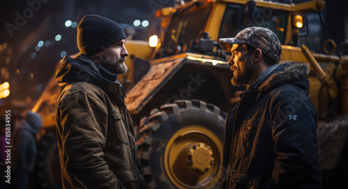 A cinematic movie still of two men in their late thirties, talking to each other next to an open heavy machinery truck at night with people surrounding them and looking on as they talk.Created with Ai