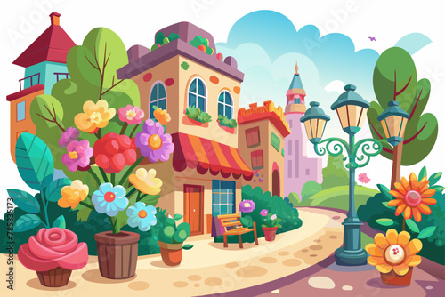 Charming cartoon villages adorned with vibrant flowers