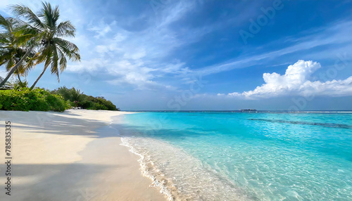 Blue sky and white sand beach. Beautiful sea with calm waves. Maldives. © seven sheep