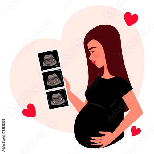 Pregnant woman with long hair holding photo of baby in her hands. Happy pretty woman looking pictures of embryo. Smiling woman with ultrasound of baby. Cartoon vector illustration.