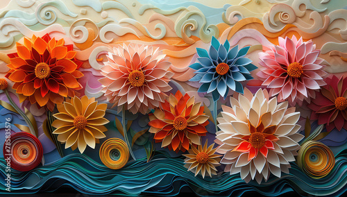 3D quilling paper art, flowers and leaves, 5 chrysanthemums on the right side of an ocean wave patterned background. Created with Ai