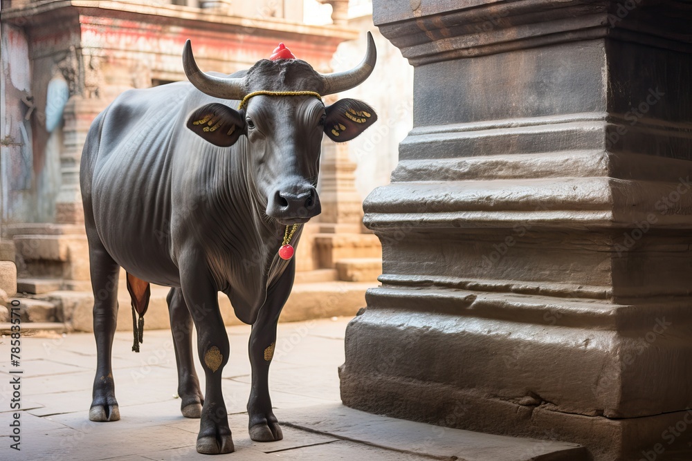 Hindu mythology - a divine cow in a temple. AI generated image. Hindu mythology - a divine cow in a temple. AI generated image.