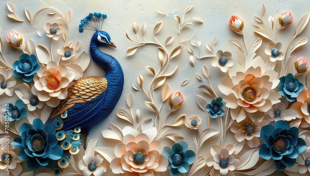 3D embossed clay wall mural with blue peacock and flowers. Created with Ai