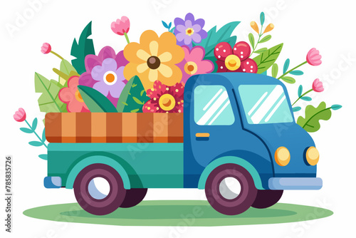 A charming cartoon truck adorned with blooming flowers embellishes a pristine white background.