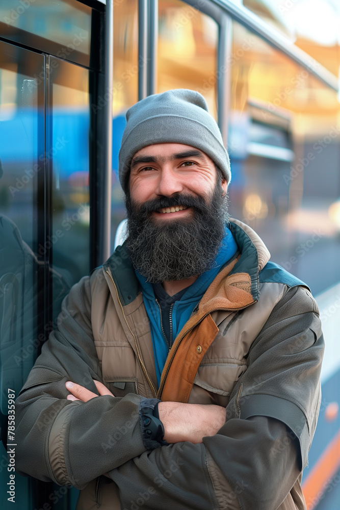 Happy bearded bus driver standing in front of bus with copy space for text Happy bearded bus driver standing in front of bus with copy space for text