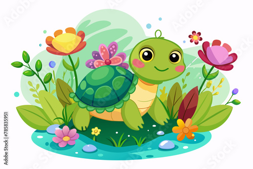 Turtles in a whimsical cartoon style, adorned with cheerful flowers, evoke a sense of charm and delight.