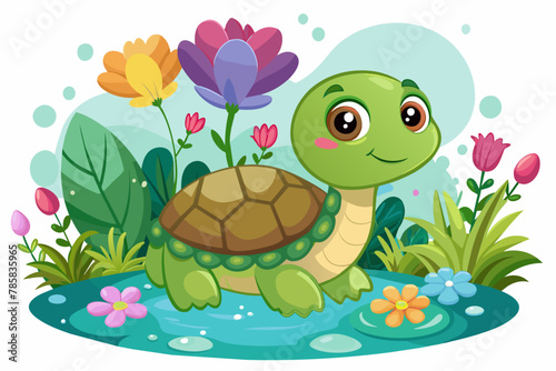 Fototapeta Naklejka Na Ścianę i Meble -  Charming cartoon turtle adorned with colorful flowers