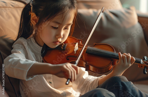 A young Asian girl is sitting on the sofa playing violin, wearing white and jeans with long sleeves, holding her bow in one hand while facing forward to play the instrument.